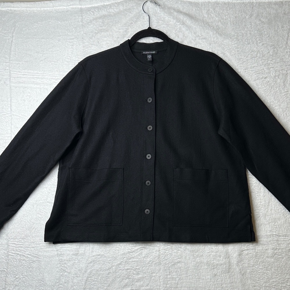 Eileen Fisher Cardigan Jacket Women PM Black Button Front Pockets 0681